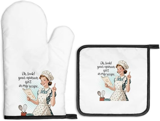 Your Opinion Isn't in My Recipe Oven Mitts and Pot Holders Sets, Funny Oven Mitts for Women, Hostess Gifts for Mom Wife, Housewarming Present for Bakers, Baking Gifts for Her Housewives