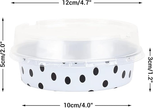 Beasea Mini Tart Pans with Lids 50 Pack, 4” 8oz Disposable Aluminum Baking Foil Tins Round Small White Black Dot Container for Individual Cupcake Dessert Muffin Ramekin Cheesecake Quiche Oven Dishes
