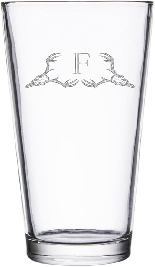 Hat Shark Deer Skull Letter Monogram Pint Beer Glass, 16 oz, Clear, A-Z Initials (1, Letter F)
