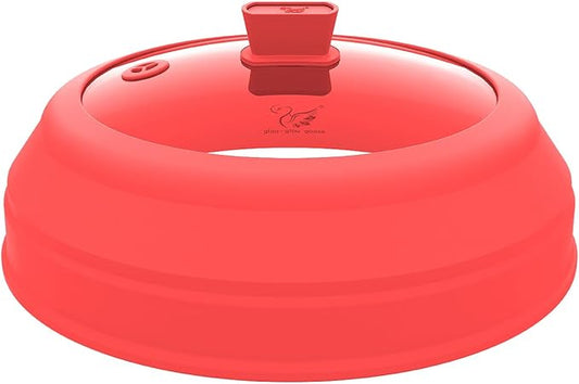 Microwave Splatter Cover Glass Splatter Guard Lid with Collapsible Silicone for Food Plate Cover 9 inch Red