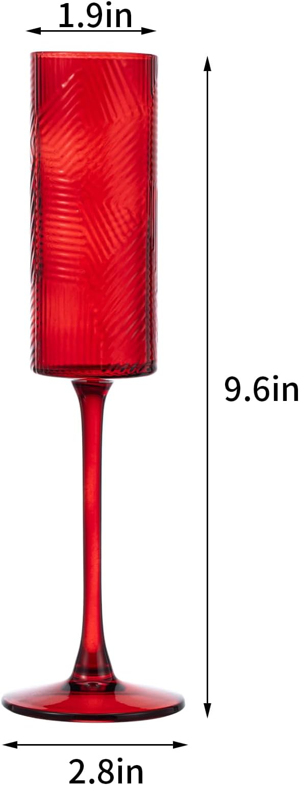 12 Pieces Red Champagne Flutes,6 OZ Twill Pattern Striped Vintage Stem Glasses Stemware Wine Glasses Champagne Long Stem Drinking Colored Glasses Goblets for Wedding Cocktail Cups,Cava, Prosecco