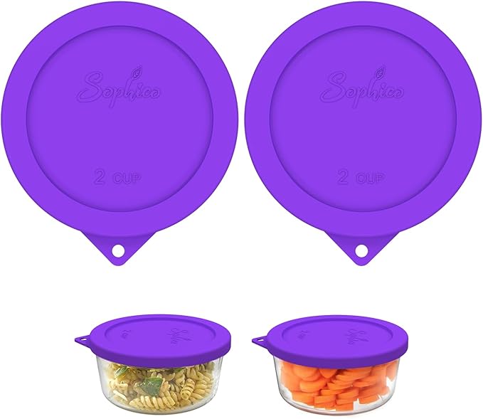 Sophico 2 Cup Round Silicone Storage Cover Lids Replacement for Pyrex 7200-PC and Anchor Hocking Glass Bowls (Container not Included) |Purple-2 Pack|