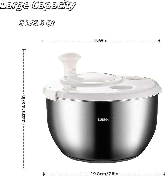 Stainless Steel Salad Spinner - 5.3 Qt Large Capacity with Effortless Crank Handle, Non-Slip Base, Dishwasher Safe for Home & Commercial Use, Ideal for Greens, Vegetables, Fruit, and Pasta.