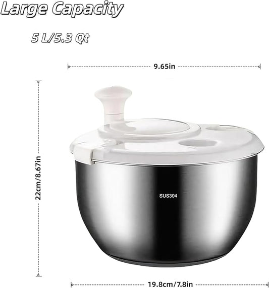 Stainless Steel Salad Spinner - 5.3 Qt Large Capacity with Effortless Crank Handle, Non-Slip Base, Dishwasher Safe for Home & Commercial Use, Ideal for Greens, Vegetables, Fruit, and Pasta.