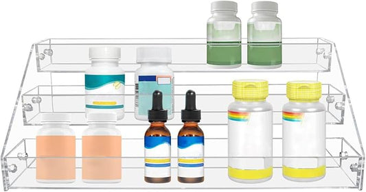 PMMASTO Tiered Spice Rack, Seasoning Organizer, Clear Acrylic Vertical Shelves Can Organizer for Countertop, Cabinet, Pantry, Kitchen Organization and Storage - 3 Tier