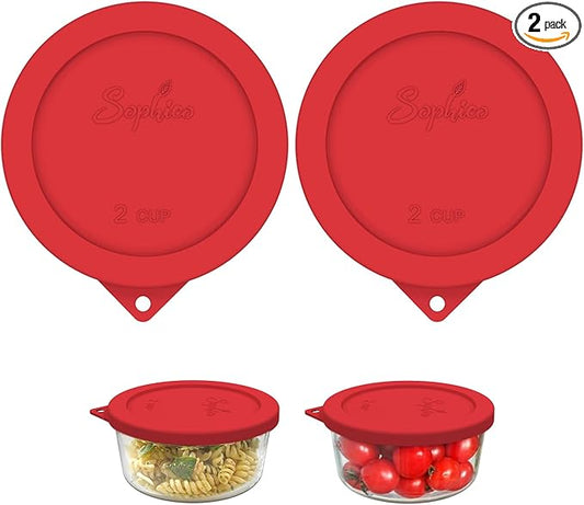 Sophico 2 Cup Round Silicone Storage Cover Lids Replacement for Anchor Hocking and Pyrex 7200-PC Glass Bowls (Container not Included) | Red, 2 Pack |