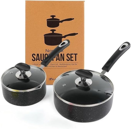 Nonstick Saucepan Set - 1 Quart and 2 Quart,Ultra Non Stick Sauce Pan Small Pot with Glass Lid,Great for Home Kitchen Restaurant,Black