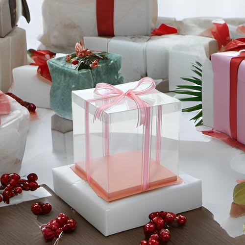 XININSUN 14x14x12inch clear cake box with ribbon,12inch14inch tall cake boxes for tiered cakes,layer cake carrier,disposable cake containers,ideal for wedding birthday party and gift display-Pink