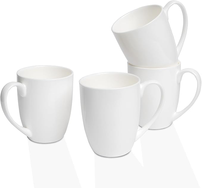 Plain White Fine Bone China Blank Coffee Mugs Set of 4, 11 Oz Tea Cups with Large Handle, Lightweight Ceramic Coffee Mugs, Aesthetic Coffee Cups