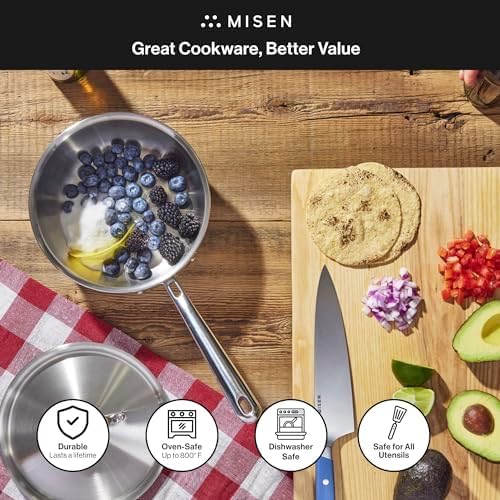 Misen 5-Ply Stainless Steel Saucier with Lid– Induction-Compatible Pan with Curved Sides for Smooth Stirring - Oven Safe to 800F – Even Heat Distribution & Ergonomic Handle - 1.5 QT