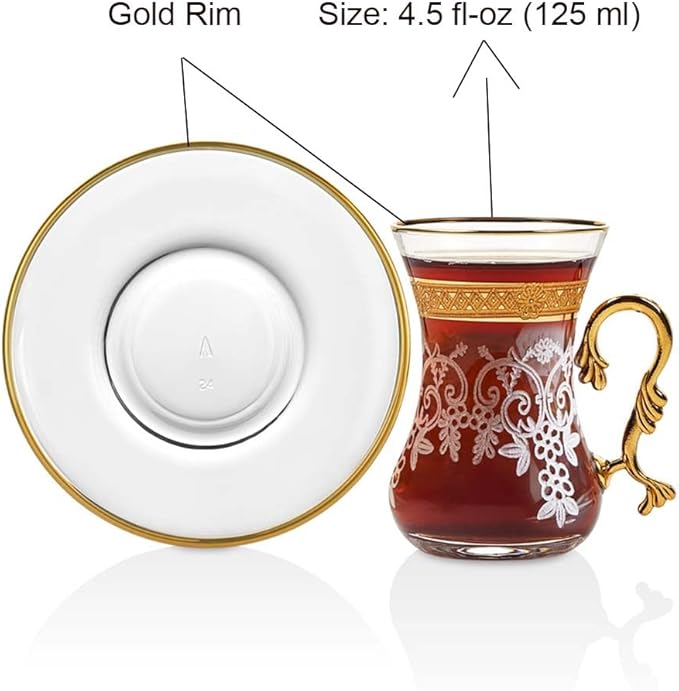 Gold Vintage Turkish Moroccan Persian Arabic Tea Glasses Cups and Saucers Set of 6 Drinking Glassware Party Adults Fancy Coffee Drinks Kettle Women Teacup Handle Drinkware Teapot