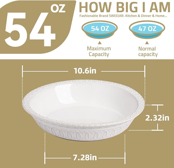 Sweejar Ceramic Pie Pan for Baking,Round Baking Dish Pan for Dinner 10 Inches, Pie Dish Non-Stick Pie Plate for Quiche, Tart, Cake, Pumpkin Pie, Pot Pies (White)