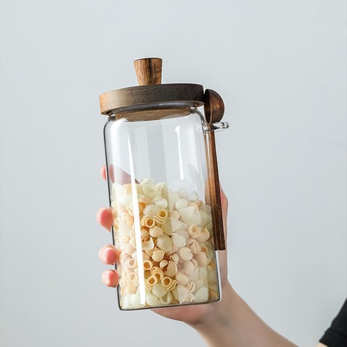 ANSQU 34oz Glass Jar with Wooden Lid & Spoon, Food Storage Containers Coffee Jar Coffee Grounds Container, Food Storage Canister, Kitchen Pantry Storage Container
