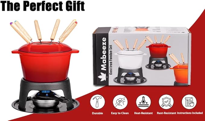 Mabeeze Cast Iron Fondue Pot Set for Cheese, Chocolate or Meat - Red Enameled 1.6 Qt Pot - Includes 6 Fondue Forks