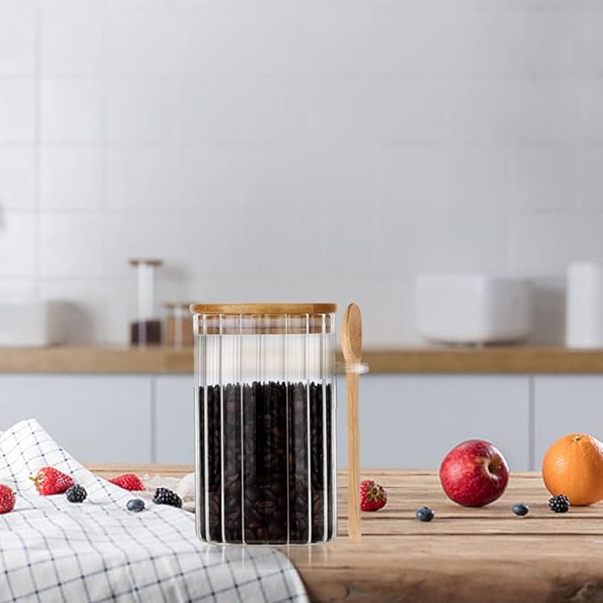 24 FL OZ Airtight Glass Jar with Bamboo Spoons Lids Overnight Oats Container Decorative Coffee Bar Food Storage Jar Cereal Nuts Salts Coffee Tea Flour Sugar Container Spice Jar