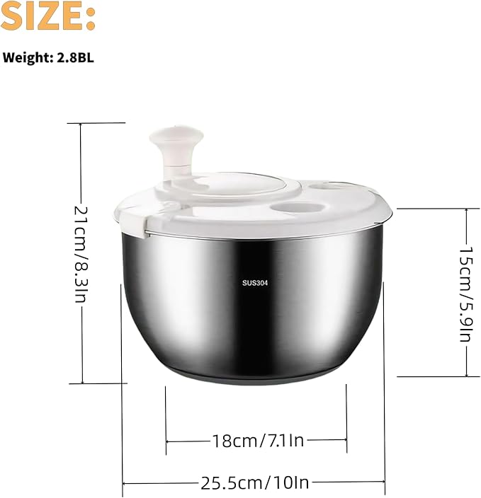 Salad Spinner Stainless Steel, Metal Salad Spinner, Salad Spinner Large, 6L with PP Cover, Essential Kitchen Tool for Dehydrating Lettuce, Fruits and Vegetables, Pasta and French Fries