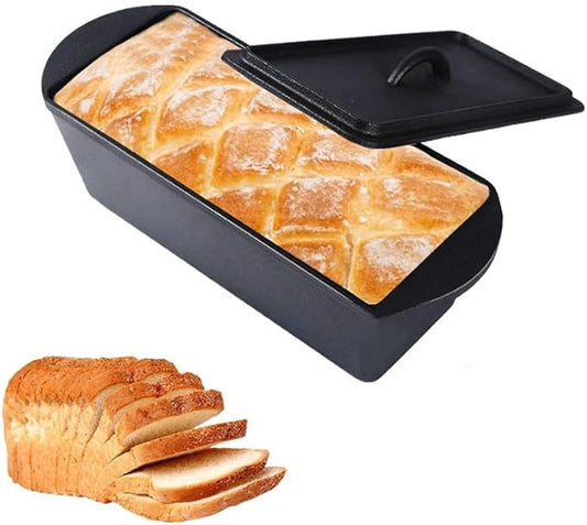 Cast Iron Bread Pan with Lid - 2LB Capacity (13x5 Inch) Large Pullman Loaf Pan for Homemade Bread - Non-Stick,Dual Handle, Pre-Seasoned, Rust-Resistant (Black-Cast Iron)