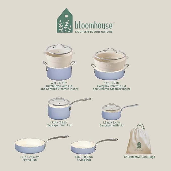 Bloomhouse 12 Piece Aluminum Pots and Pans Cookware Set w/Non-toxic Ceramic Non-stick, Ceramic Steamer Insert, & 12 Protective Care Bags - Periwinkle Blue