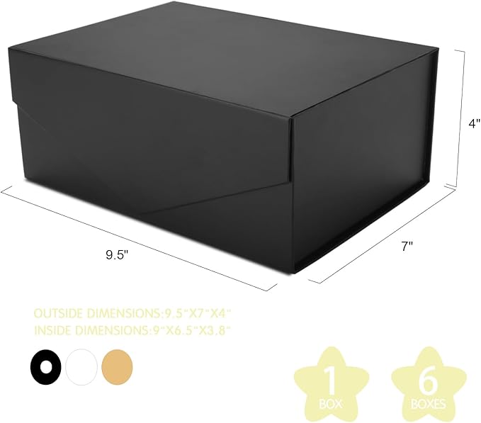 6 Black Gift Boxes with Lids for Presents, Magnetic Closure Rectangle Collapsible Gift Boxes, Groomsman Proposal Boxes, Wedding, Birthday Gift Packaging (9x6.5x3.8 Inches)