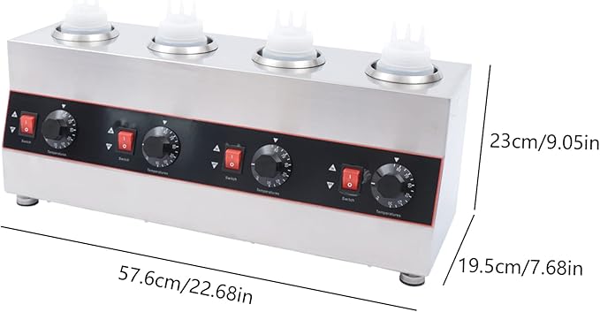 Electric Nacho Cheese Warmer Machine 4 Pot Commercial Hot Fudge Dispenser Stainless Steel Hot Chocolate Dispenser with 4 Sauce Squeeze Bottles for Cheese Caramel Jam Ketchup 640W (4 Pot)