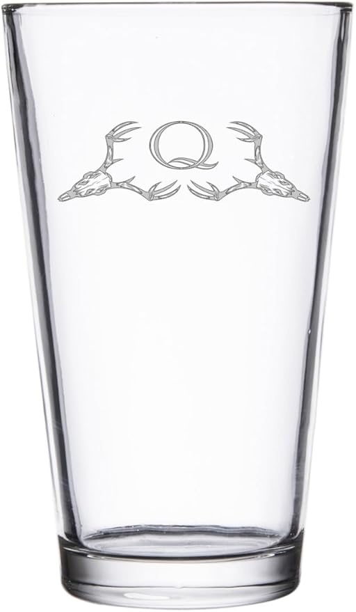 Hat Shark Deer Skull Letter Monogram Pint Beer Glass, 16 oz, Clear, A-Z Initials (1, Letter Q)