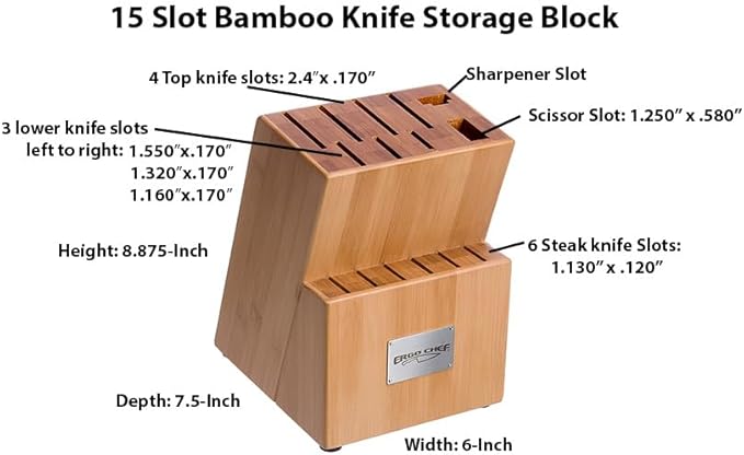 Ergo Chef Crimson Series Bamboo Knife Storage Block 15-Slot Universal Holder for Easy Kitchen Organization, Knives Not Included