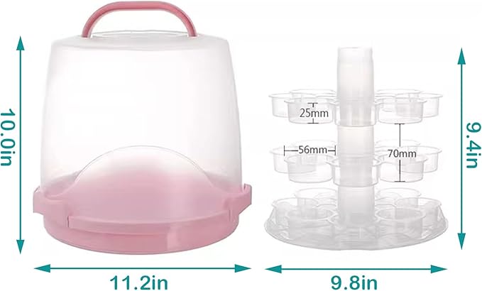 Cake Carrier Round Cake Stand Plus Height Cake Container with Cupcakes Pad, Handle, Lid Reusable Package Box for Transporting Desserts,Pie,Toast,Fruit (10" Pink)