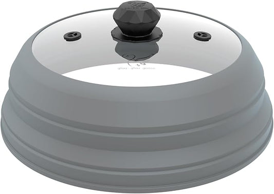 Microwave Splatter Cover Vented Glass Cover Splatter Guard Lid with Collapsible Silicone for Food as Pot Cover Plate Cover 10.8 inch for 6 7 8 9 10 inch Plate Bowl Light Grey