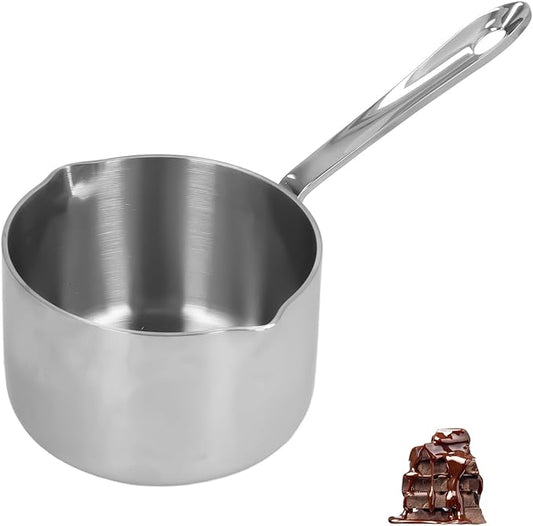 Stainless Steel Saucepan, 10oz Butter Melting Pot Butter Warmer with Dual Spouts and Long Handle Stove Top Thickened Sauce Pan for Milk Butter Sauce