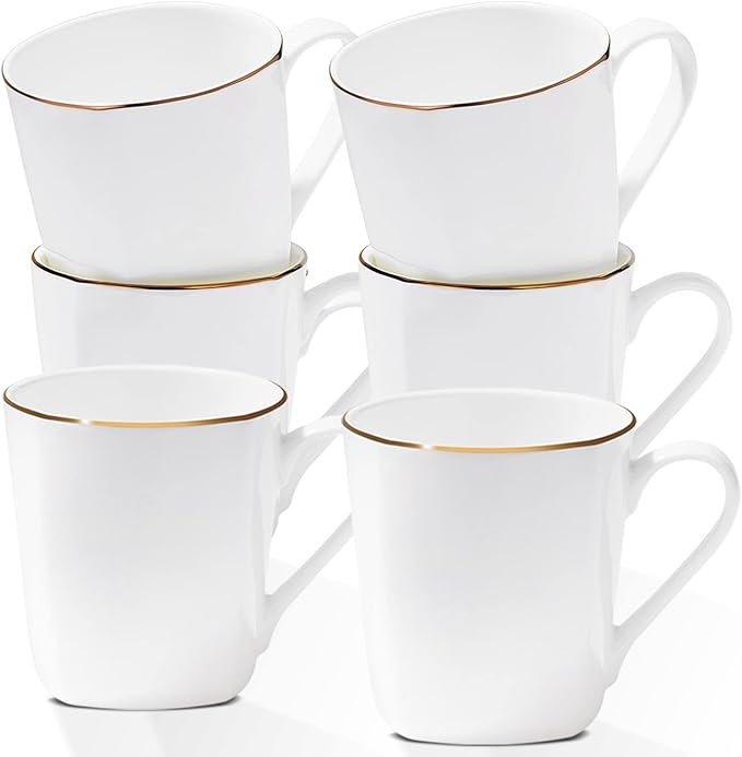 10 Oz White Bone China Coffee Mugs,Porcelain Tea Cups Ceramic Lightweight Set of 6, Luxury Mugs with Gold Trim for Espresso, Hot Cocoa, Cappuccino, Latte and Cold Drinks, Microwave Safe