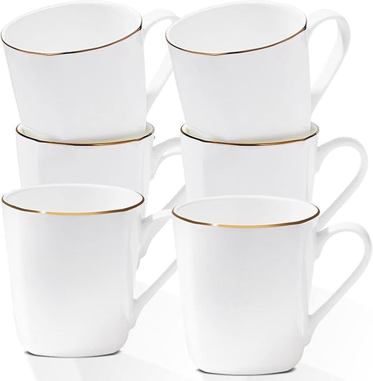 10 Oz White Bone China Coffee Mugs,Porcelain Tea Cups Ceramic Lightweight Set of 6, Luxury Mugs with Gold Trim for Espresso, Hot Cocoa, Cappuccino, Latte and Cold Drinks, Microwave Safe