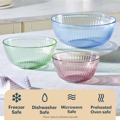 Pyrex Colors Tinted (3-Pack) Sculpted Tinted Unlidded Small/Medium/Large Glass Mixing Bowls, Nesting Space Saving Set of Bowls For Prepping and Baking, 1.3QT, 2.3QT & 4.5QT