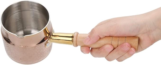 330ml Gold Stainless Steel Milk Pot With Wooden Handle - Flat Bottom Butter Melting Pan, Mini Sauce Warmer for Coffee and Chocolate