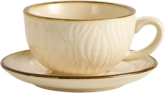Vintage Design 12 oz Ceramic Latte Art Cappuccino Barista Cup with Saucer (Wave Beige)
