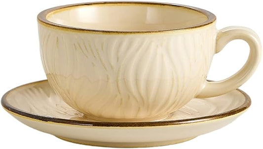 Vintage Design 12 oz Ceramic Latte Art Cappuccino Barista Cup with Saucer (Wave Beige)
