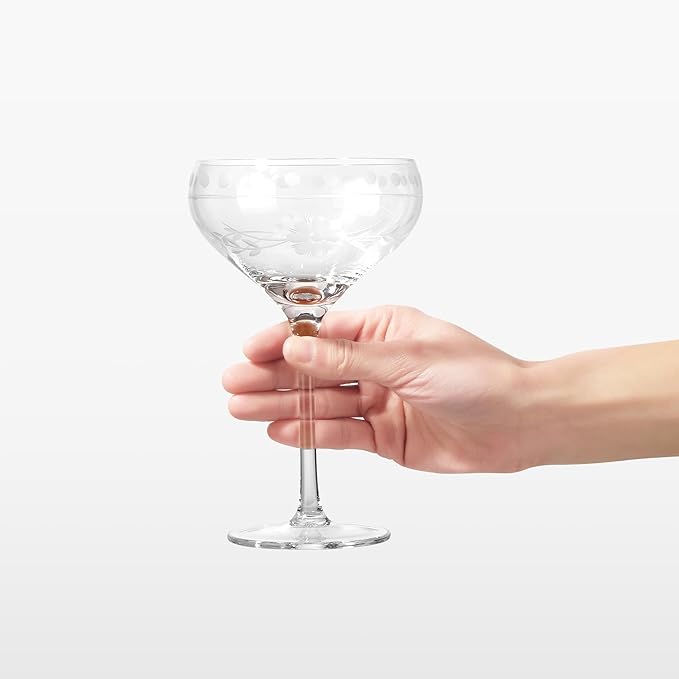 Royalrose Premium Delight Coupe Glasses Set of 4, 10.8 oz – Hand-Blown with Etched Long Stem, Classic Glassware for Weddings, Dinners, and Holiday Gifting (Coupe Glasses)