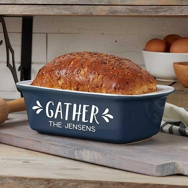Personalization UniversePersonalized Gather & Gobble Ceramic Loaf Pan, Hand-Glazed Stoneware Baking Dish for Homemade Bread, Meatloaf, 1.5 Quart Capacity, Oven Safe - Navy