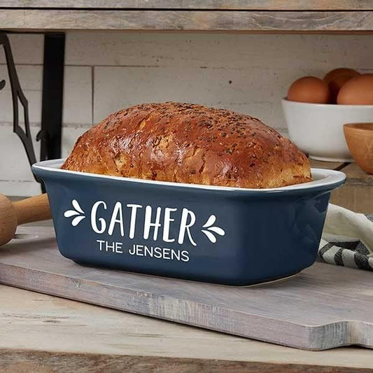 Personalization UniversePersonalized Gather & Gobble Ceramic Loaf Pan, Hand-Glazed Stoneware Baking Dish for Homemade Bread, Meatloaf, 1.5 Quart Capacity, Oven Safe - Navy