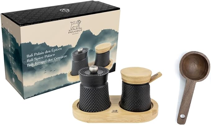 Peugeot Bali Black Cast-Iron Pepper Mill & Salt Cellar With Wooden Tray Gift Boxed- With Wooden Spice Scoop