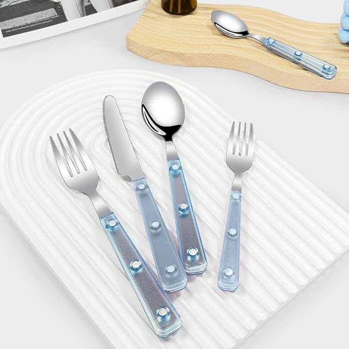 Silverware Set, 20 Piece Stainless Steel Cutlery set,Set for 4 People,Includes Knife, Fork, Spoon, Dessert Spoon and Dessert Fork, with Elegant Frosted Transparent Handles (Blue(20 PC))