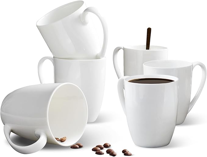 12 oz Fine Bone China Coffee Mugs Set of 6, Over 45% Bone Content White Mugs, Durable Porcelain Coffee Mugs Sets, White Ceramic Lightweight Tea Milk Cups, Microwave & Dishwasher Safe