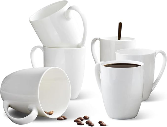 12 oz Fine Bone China Coffee Mugs Set of 6, Over 45% Bone Content White Mugs, Durable Porcelain Coffee Mugs Sets, White Ceramic Lightweight Tea Milk Cups, Microwave & Dishwasher Safe