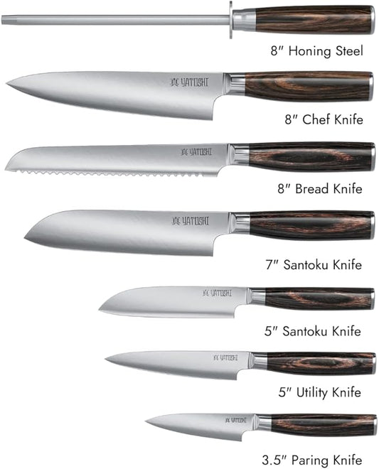 Yatoshi Kitchen Knife Set - 7 Piece, Ultra Sharp High Carbon Stainless Steel, Hidden Tang with Pakkawood Handles
