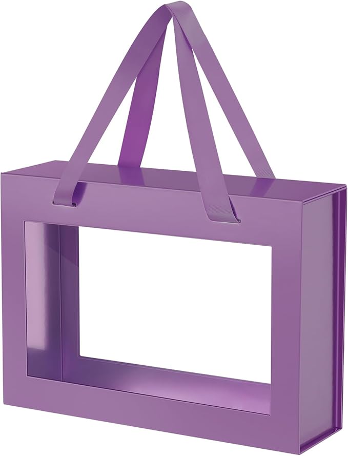 Purple Gift Box with Window, Gift Box with Lid and Handle, Clear Magnetic Gift Box for Present, Bridesmaid Proposal Box (10.5x7.5x3 Inches