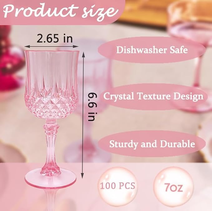 Plastic Wine Glasses,Plastic Goblets Vintage Style Cordial Drinking Glasses for Wedding Reception, Grand Event Party Supplies (100, Pink)