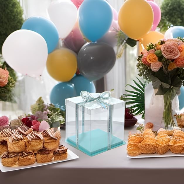 XININSUN clear cake box with ribbon,6inch 8inch cake boxes,transparent tall cake box cake carrier,Square Cardboard Cake Containers clear gift box for Wedding,Birthday,Party(6pcs-green)