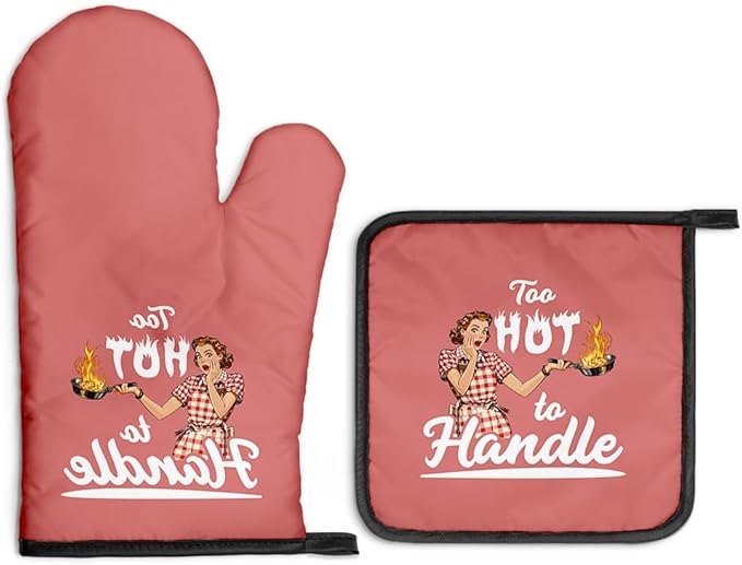 Too Hot to Handle Funny Oven Mitts and Pot Holders Sets, Retro Kitchen Decor Oven Mitts for Women, Baking Gifts for Her Housewives, Housewarming Present for Bakers, Hostess Gifts for Mom Wife