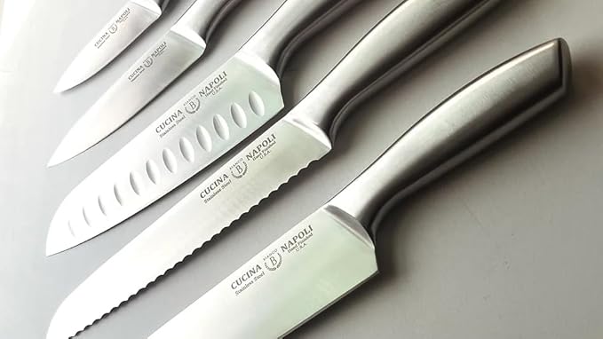 Kitchen Knife Set of 5 Piece | Satin Finish Blade with Hollow Handle | Includes 3.5" Paring, 5" Utility, 7" Santoku, 8" Bread, 8" Chef Knives