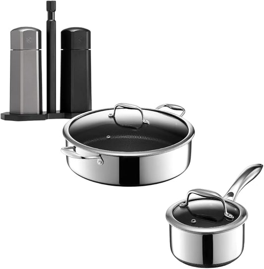 HexClad Hybrid Nonstick 7-Piece Cookware Set, 7Qt Chicken Fryer with Lid, 1Qt Pot with Lid, and Tabletop Salt and Pepper Grinder Set, Stay-Cool Handles, Dishwasher and Oven-Safe, Induction Ready