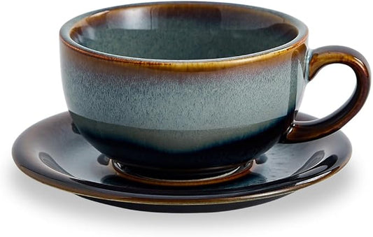 Vintage Design 12 oz Ceramic Latte Art Cappuccino Barista Cup with Saucer (Fog Grey)